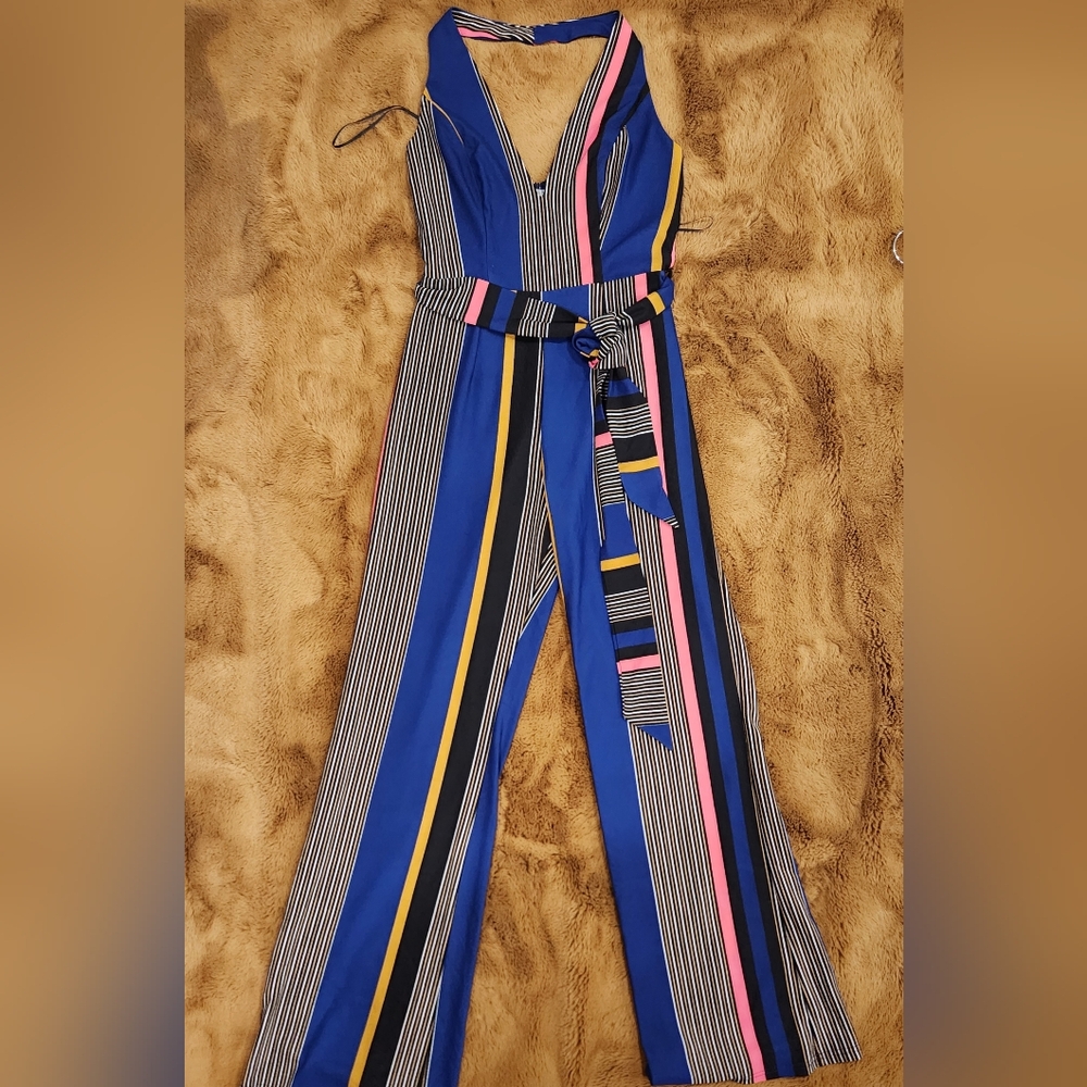 Miss Avenue, Womens (12) Striped Blue Halter Jumpsuit with Belt